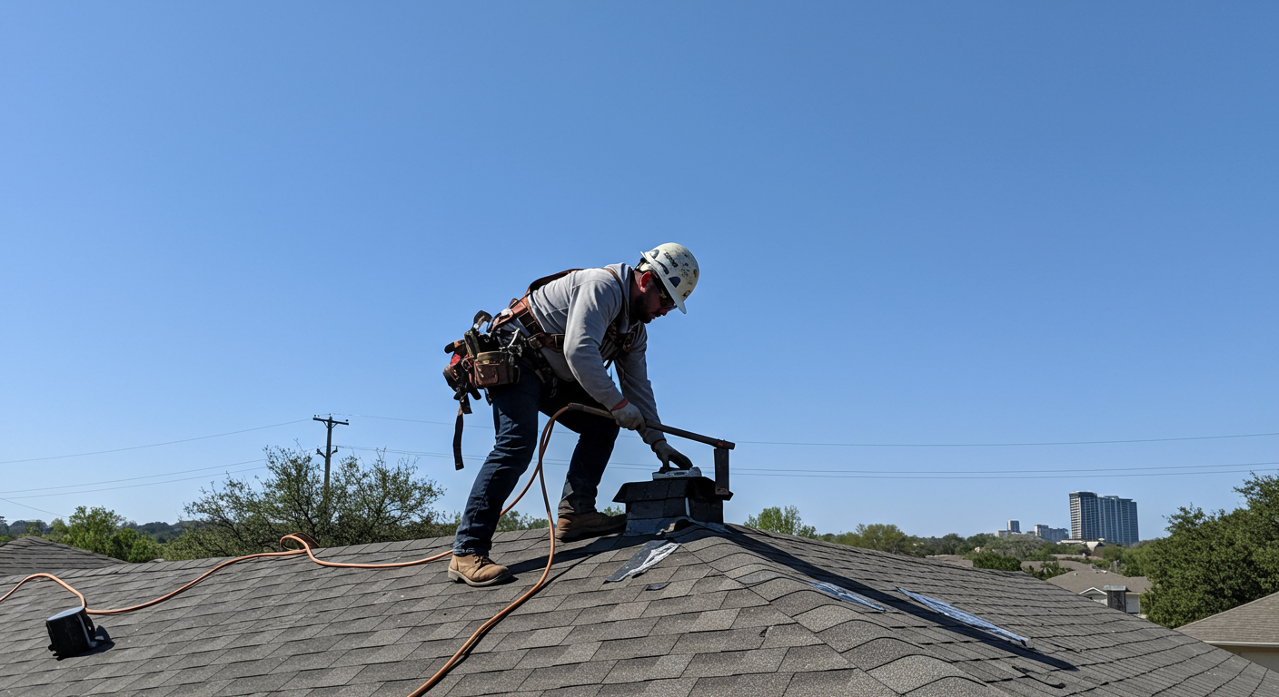 A professional roofer in safety gear is actively working on a roof, showcasing the craftsmanship involved in roofing. The setting includes a clear blue sky and a residential neighborhood in Austin, TX, in the background.