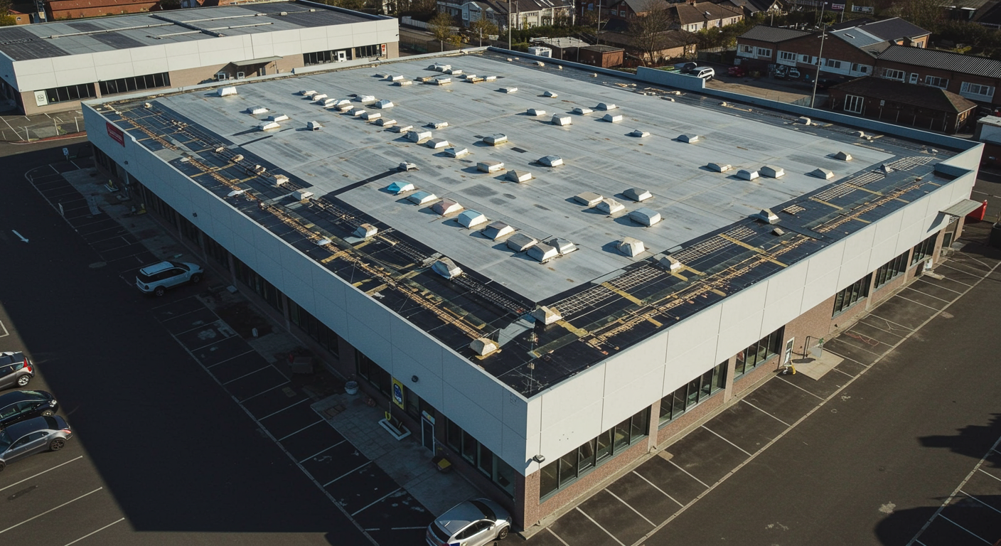 A drone view of a large commercial building with a newly installed roof, highlighting the scale and quality of the roofing work.