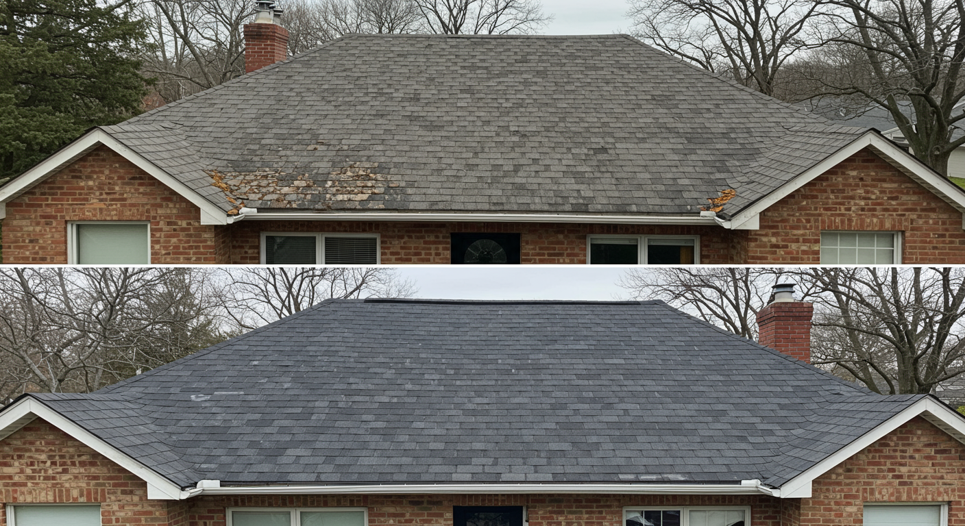 A before-and-after comparison of a residential roof replacement, highlighting the transformation and quality of the new roofing.