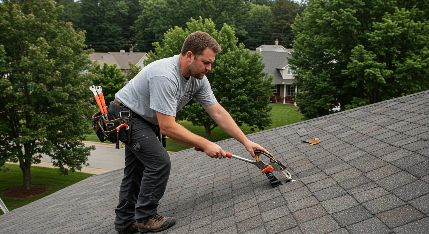 A professional roofer inspecting a residential roof with tools in hand, standing on a ladder. The background features a typical McKinney neighborhood with trees and houses.