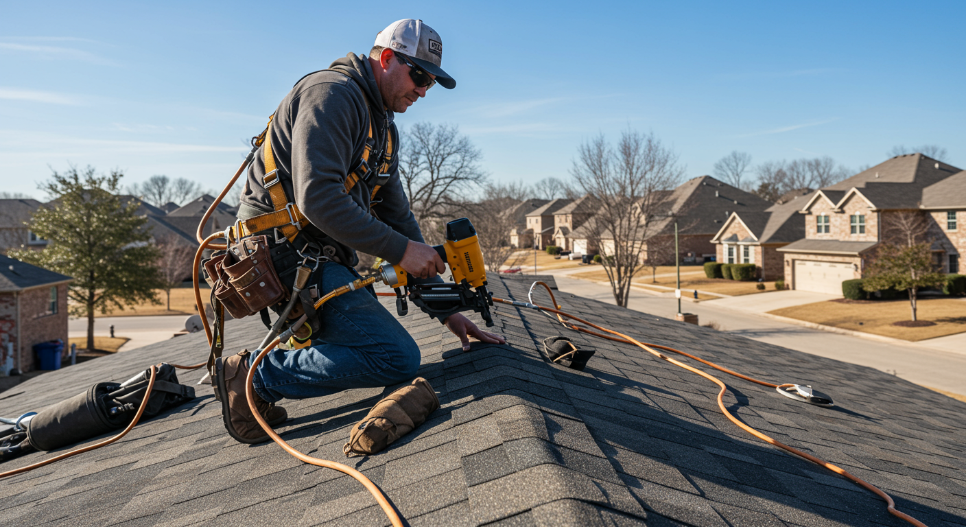 A skilled roofer working on a residential roof in Frisco, TX, showcasing the tools of the trade like a nail gun and safety harness.