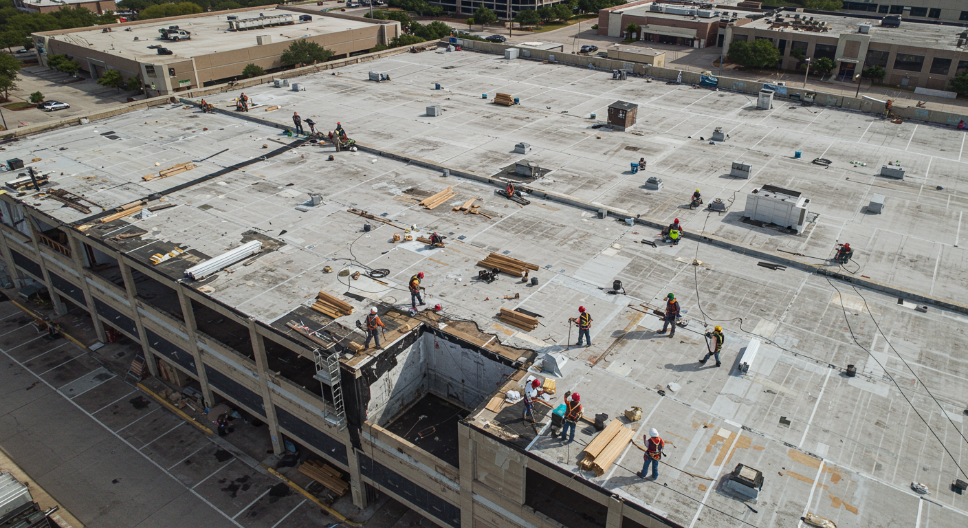 A professional roofing team working on a residential roof in Houston, TX. The workers are wearing safety gear, and the scene showcases teamwork and precision. The background includes a clear blue sky and a suburban neighborhood, emphasizing a local and professional touch.