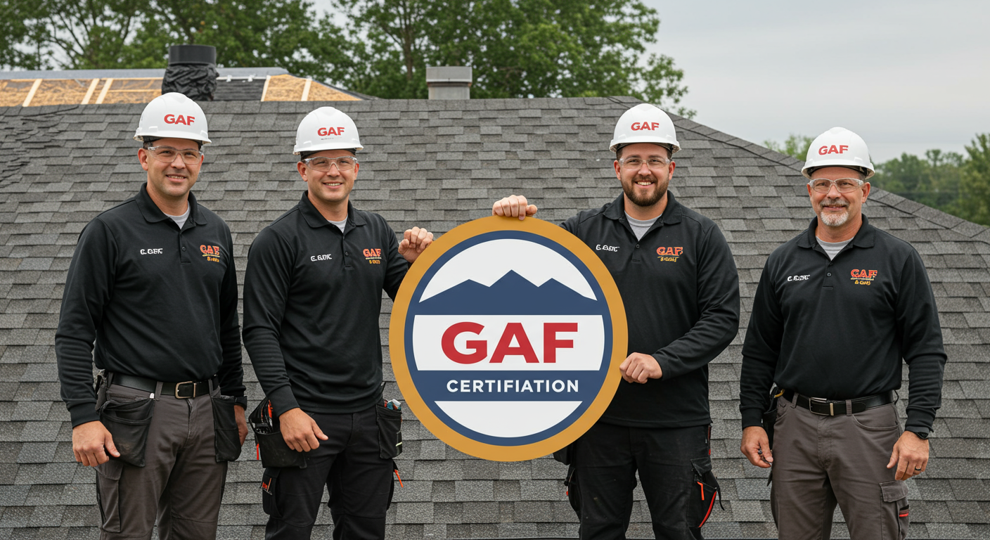 A professional roofing team proudly displaying their GAF certification badge while standing in front of a completed roofing project. The image conveys expertise and reliability in roofing services.