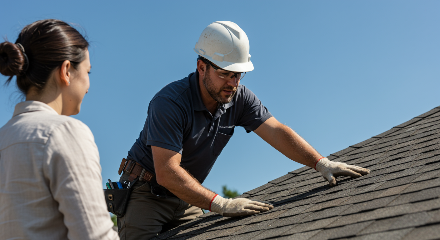 A licensed roofer in a hard hat and safety gear is inspecting a residential roof, with a clear blue sky in the background. The roofer is engaged in conversation with a homeowner, showcasing a sense of trust and professionalism.