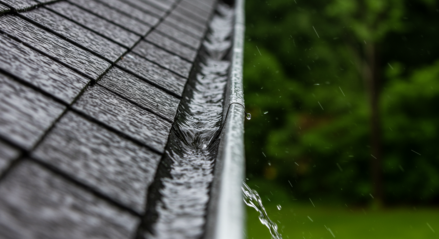A close-up shot of a newly installed gutter system on a residential home, with water flowing through it after a rain. The image captures the importance of effective gutter systems in home maintenance.