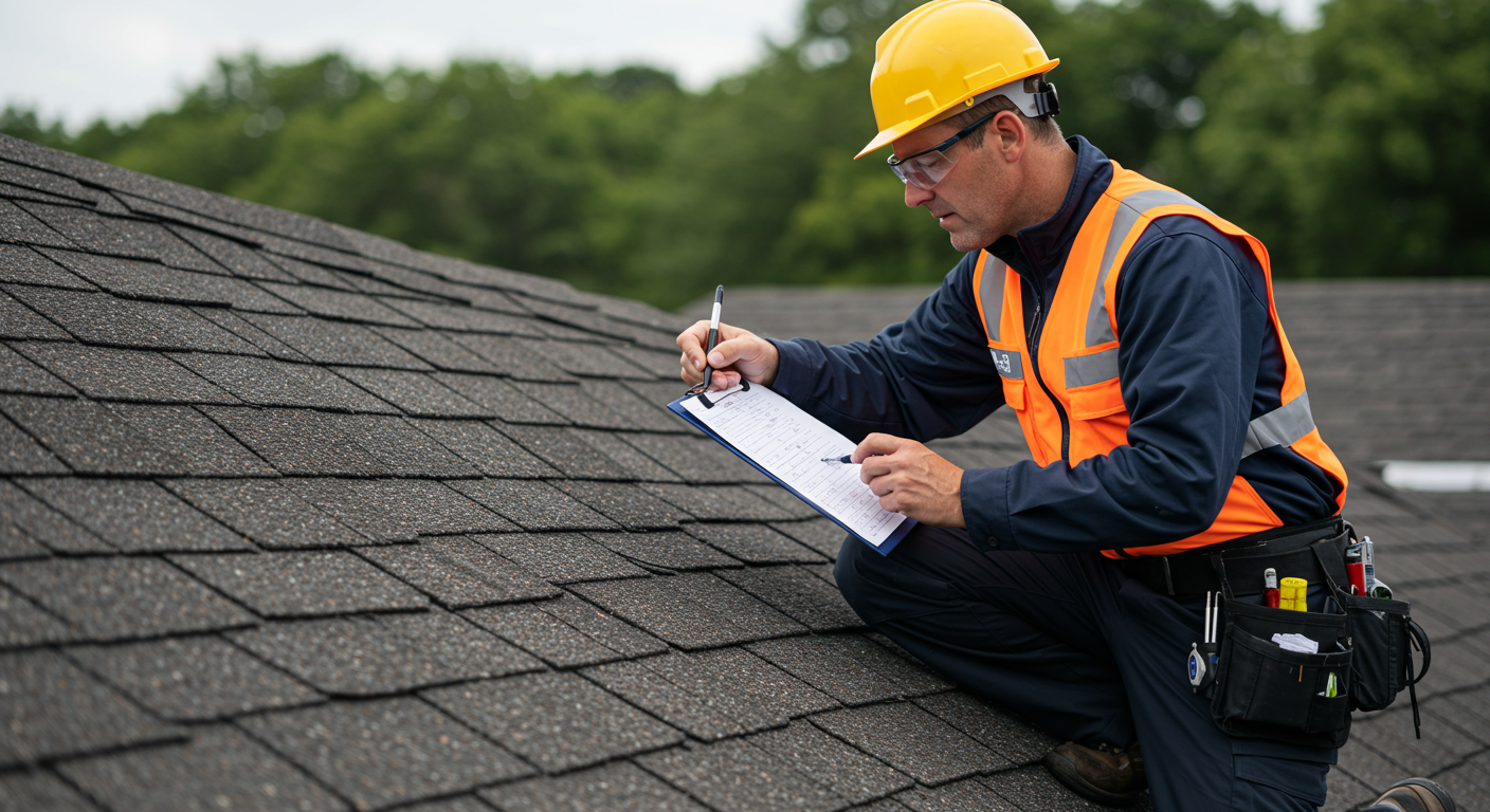 A technician inspecting a roof with a clipboard, taking notes on maintenance needs, showcasing professionalism in roof care.