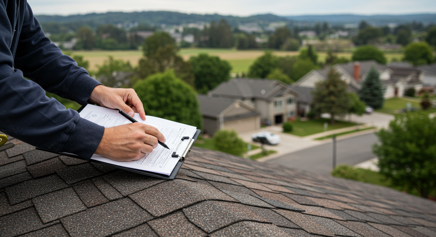 A close-up of a contractor inspecting a roof with a clipboard in hand, showcasing the details of roof repair. In the background, a beautiful Longview neighborhood is visible.