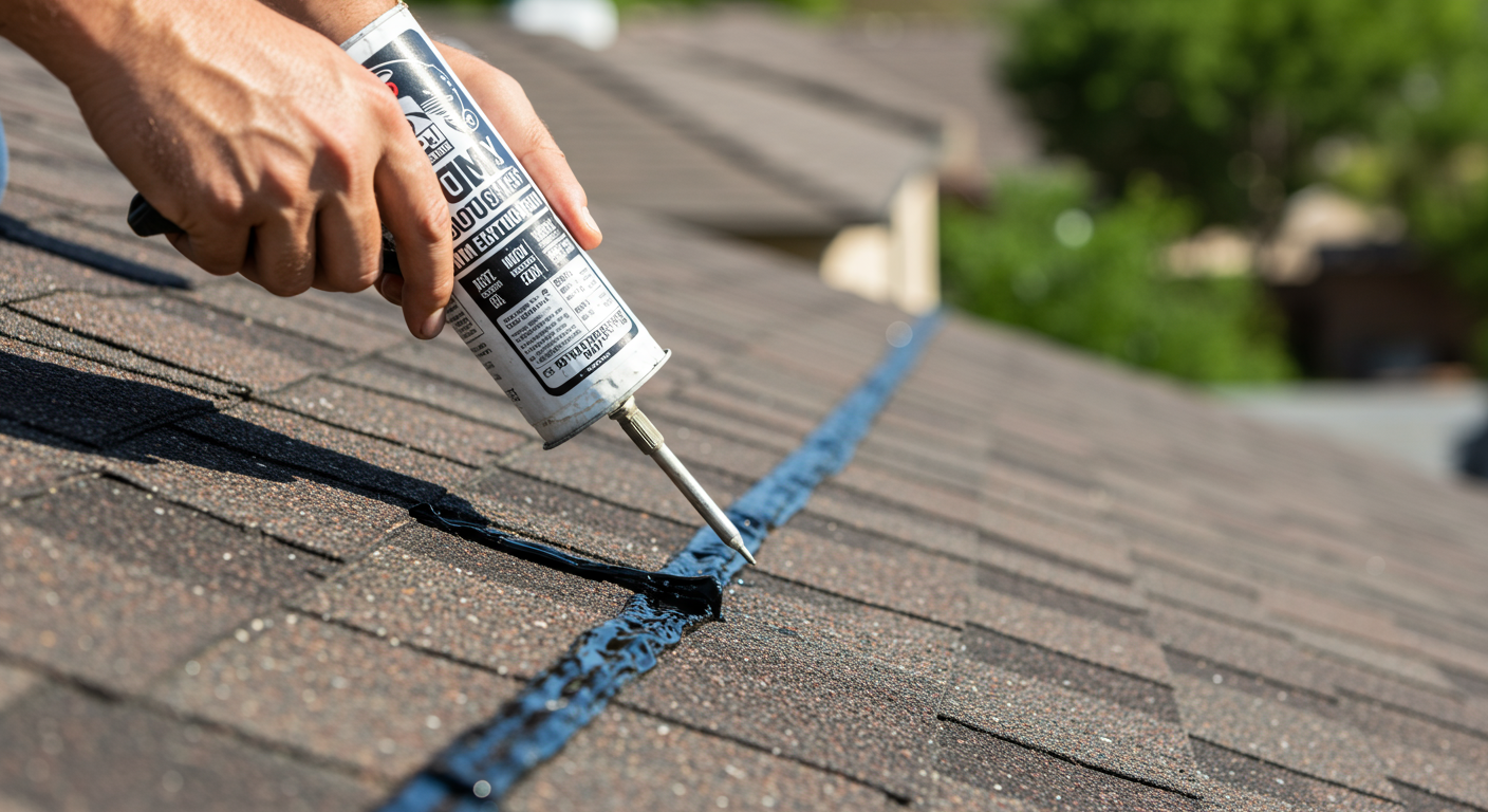 A close-up shot of a roofer applying sealant to a roof shingle, showcasing the detailed work involved in minor repairs. The background features a blurred view of a San Antonio home.