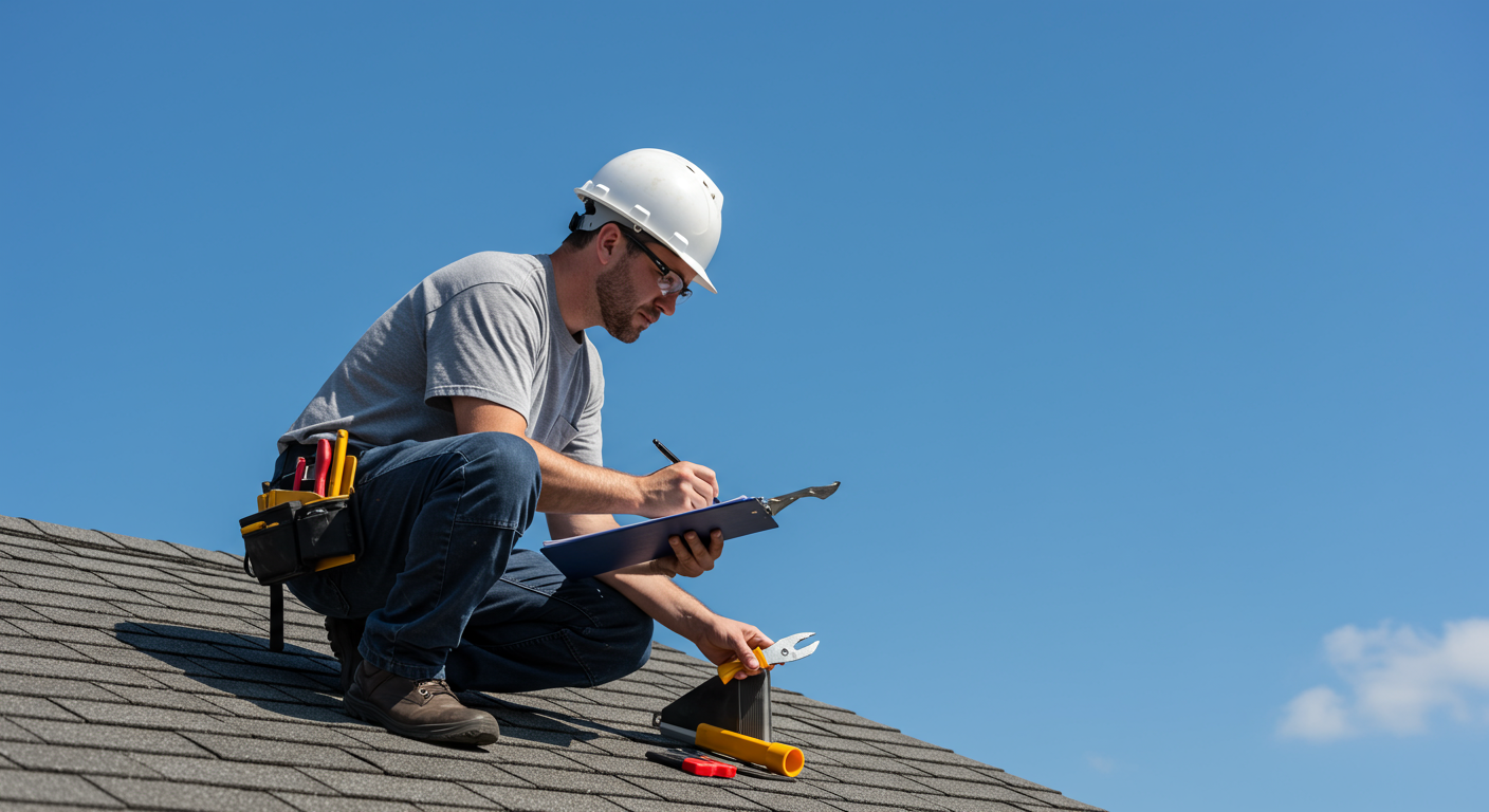 A professional roofer inspecting a roof with a clipboard and tools, set against the backdrop of a clear blue sky. This image represents thoroughness and attention to detail in roofing services.