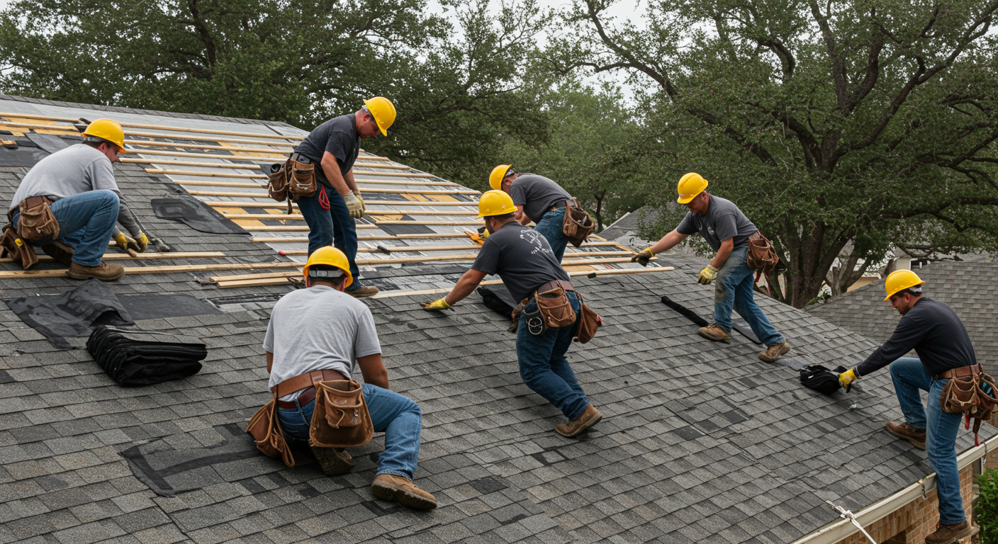 A dynamic scene of a roofing crew working on a residential home in Pearland, TX. The image captures the team installing shingles on a roof, showcasing teamwork and professionalism.