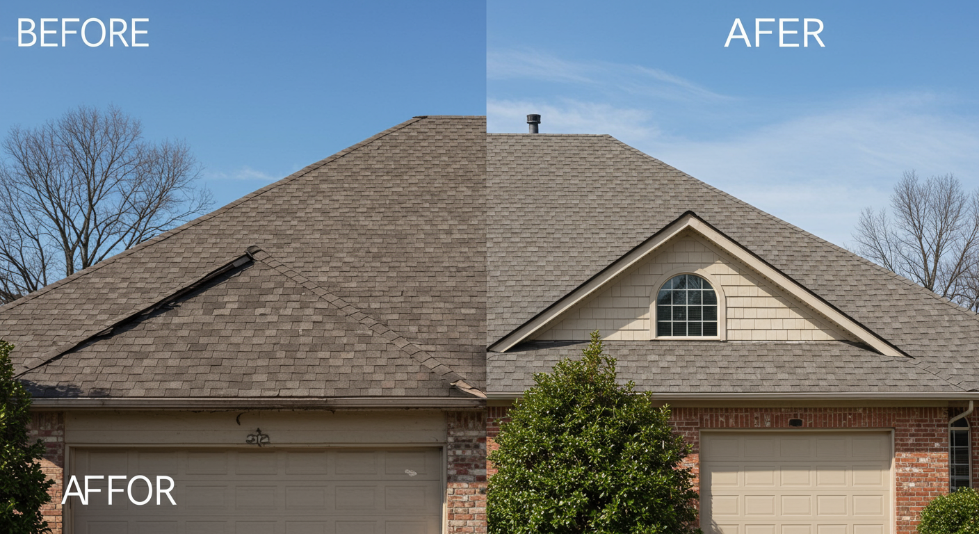 A split image showing a before and after view of a roofing project. The 'before' side displays an old, worn-out roof, while the 'after' side showcases a brand new, well-installed roof that enhances the home's appearance.