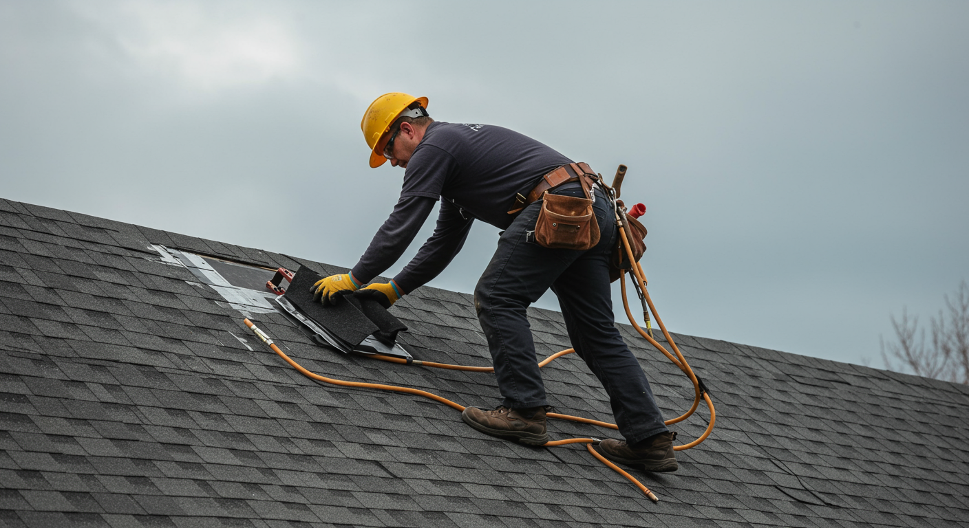 A licensed roofing contractor is seen installing shingles on a residential roof. The contractor is wearing safety gear, showcasing professionalism and attention to safety standards.