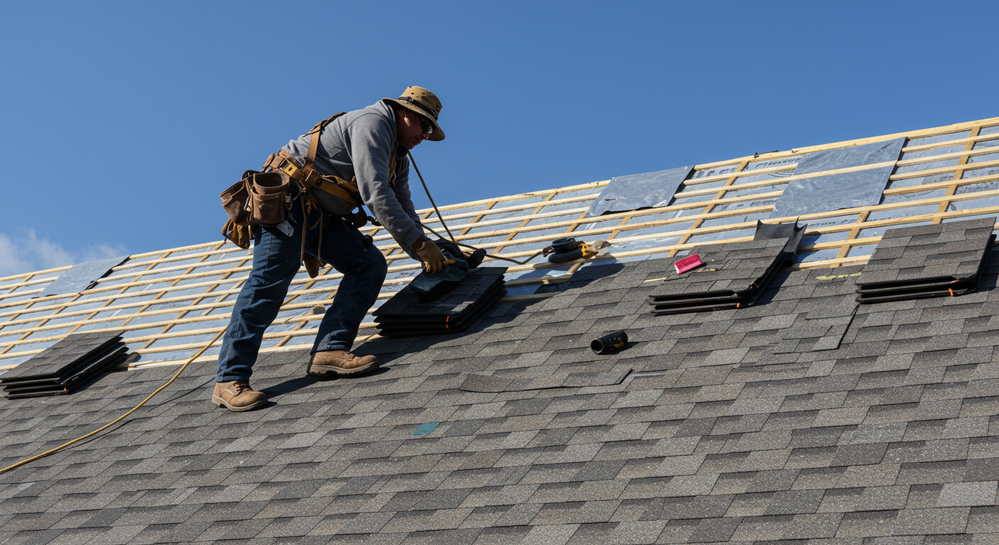 A shingle contractor working on a roof in Weslaco, TX, showcasing the installation of shingles. The contractor is wearing safety gear and is focused on the task.
