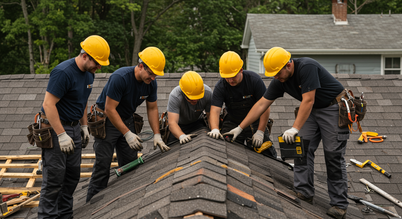 A team of professional roofers collaborating on a small roof repair project, showcasing teamwork and expertise.